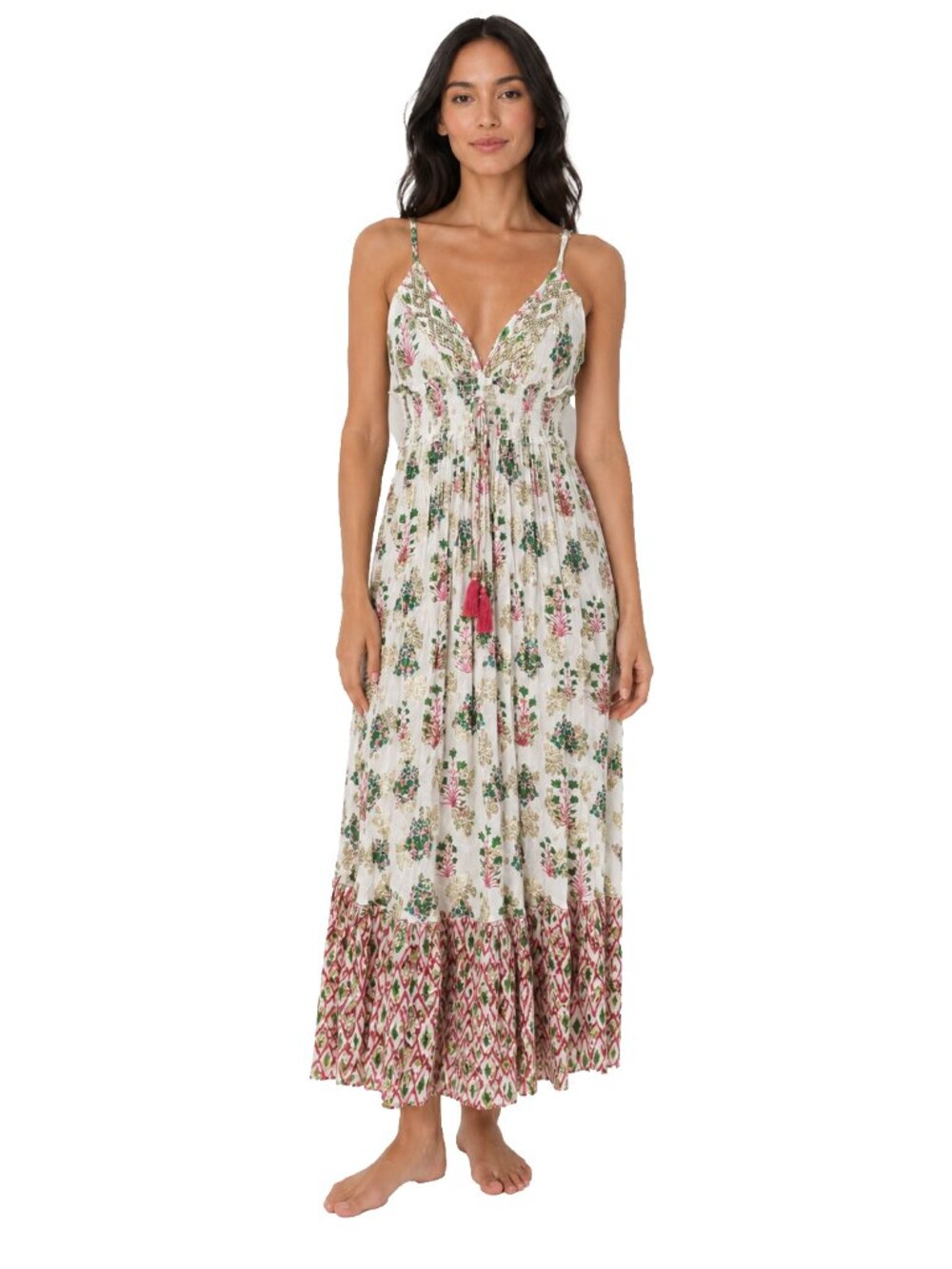 Vintage Siya India Beaded Sequin Boho Maxi Dress Tassel Cottagecore Chic